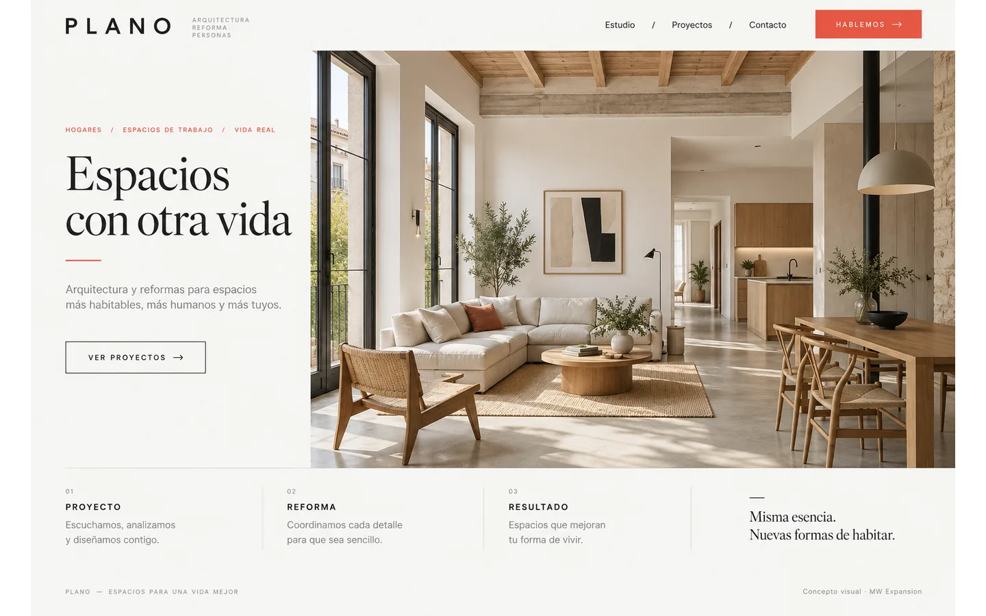 Concepto visual generado para Plano, marca ficticia de reformas. Demostración de MW Expansion, no un proyecto contratado.