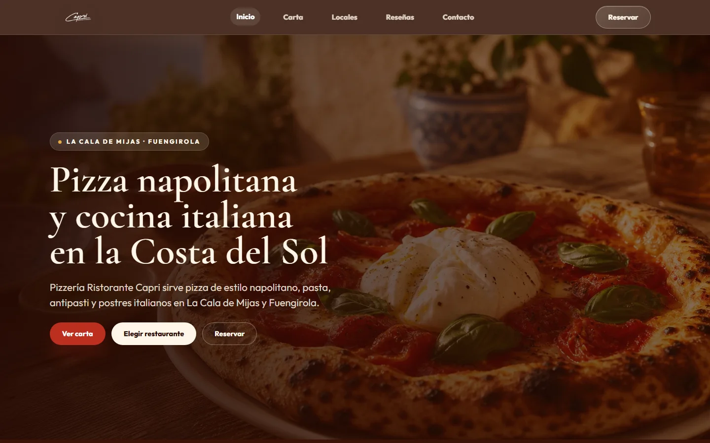 Captura real de Capri: portada con pizza, carta y acceso a sus restaurantes